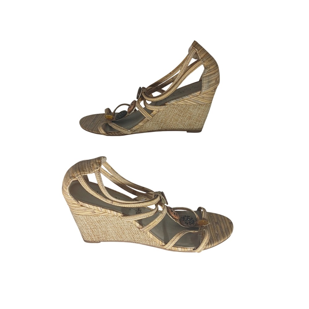 New York Transit Shapely Wedge Sandals 8.5M Tan‎ Boho Medallion Raffia Summer